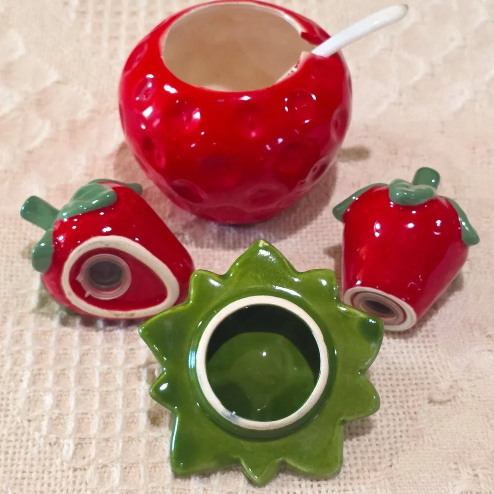Vintage Brinn's Ceramic Strawberry Jam Jar and Salt & Pepper Shakers PA